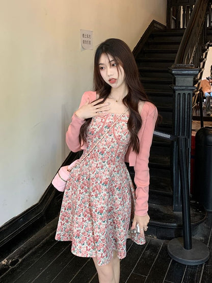 Dress Spaghetti Square Floral Cardigan Print Front Open Mini / Neck A-Line Strap Plain Crop