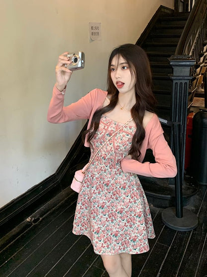 Dress Spaghetti Square Floral Cardigan Print Front Open Mini / Neck A-Line Strap Plain Crop