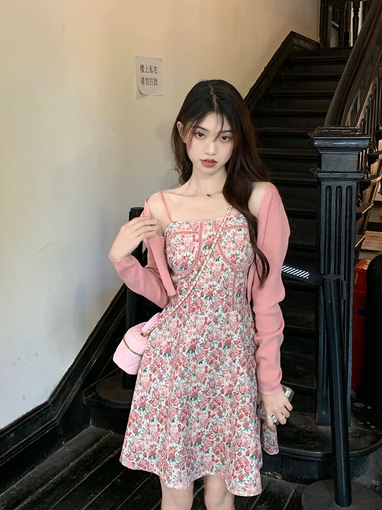 Dress Spaghetti Square Floral Cardigan Print Front Open Mini / Neck A-Line Strap Plain Crop
