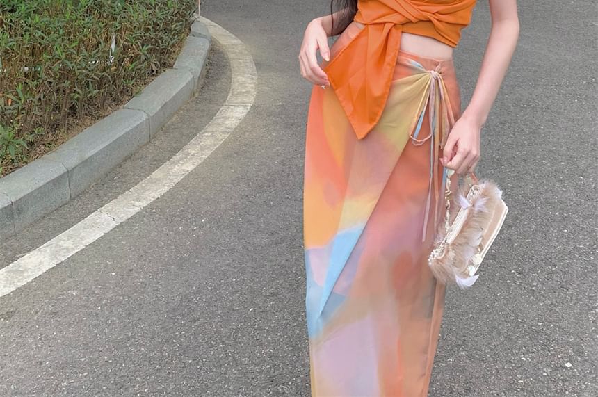 Halter Neck Plain Tie Waist Open Back Crop Top / High Waist Tie Dye Tie Side Maxi Straight Skirt / Set