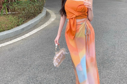 Halter Neck Plain Tie Waist Open Back Crop Top / High Waist Tie Dye Tie Side Maxi Straight Skirt / Set