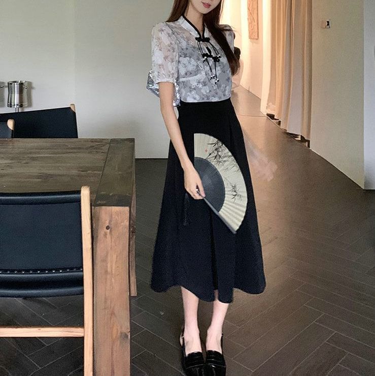 Short-Sleeve Plain A-Line Floral Set: + Spaghetti Dress Midi Blouse Strap