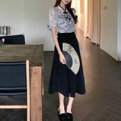 Short-Sleeve Plain A-Line Floral Set: + Spaghetti Dress Midi Blouse Strap