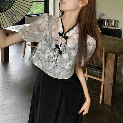 Short-Sleeve Plain A-Line Floral Set: + Spaghetti Dress Midi Blouse Strap