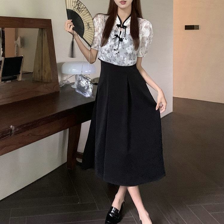 Short-Sleeve Plain A-Line Floral Set: + Spaghetti Dress Midi Blouse Strap