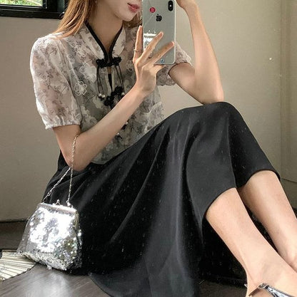 Short-Sleeve Plain A-Line Floral Set: + Spaghetti Dress Midi Blouse Strap