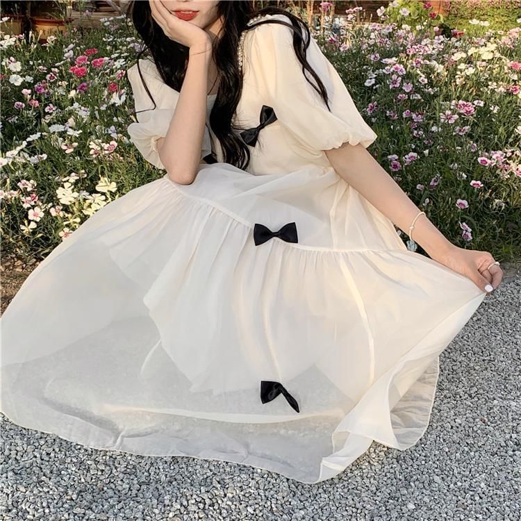 Neck Midi Puff-Sleeve Plain Square Bow Sundress