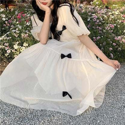 Neck Midi Puff-Sleeve Plain Square Bow Sundress