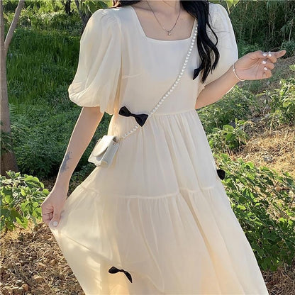 Neck Midi Puff-Sleeve Plain Square Bow Sundress
