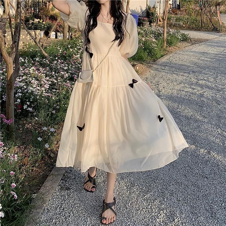 Neck Midi Puff-Sleeve Plain Square Bow Sundress