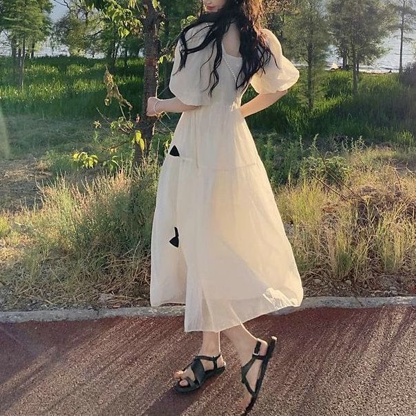 Neck Midi Puff-Sleeve Plain Square Bow Sundress