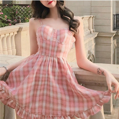 Mini Dress Plaid A-Line Spaghetti Strap Ruffle