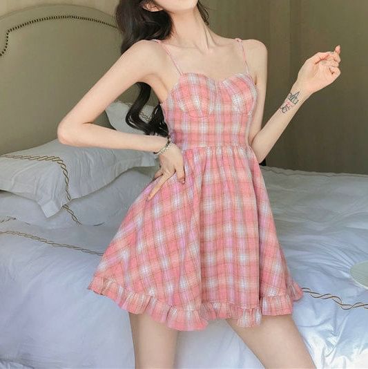 Mini Dress Plaid A-Line Spaghetti Strap Ruffle