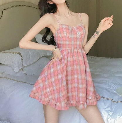 Mini Dress Plaid A-Line Spaghetti Strap Ruffle
