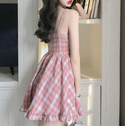 Mini Dress Plaid A-Line Spaghetti Strap Ruffle