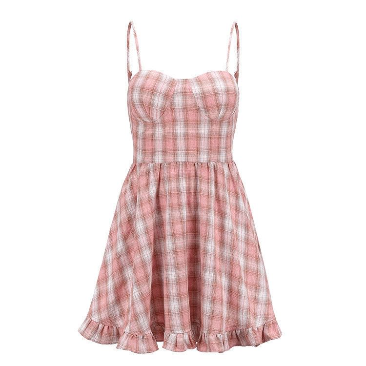 Mini Dress Plaid A-Line Spaghetti Strap Ruffle