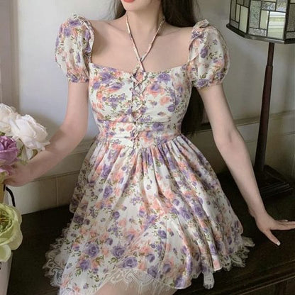 A-Line Dress Mini Lace-Up Puff-Sleeve Trim Lace Floral