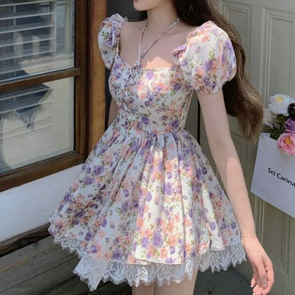 A-Line Dress Mini Lace-Up Puff-Sleeve Trim Lace Floral