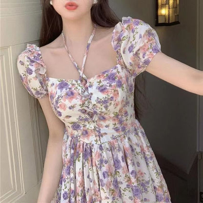 A-Line Dress Mini Lace-Up Puff-Sleeve Trim Lace Floral