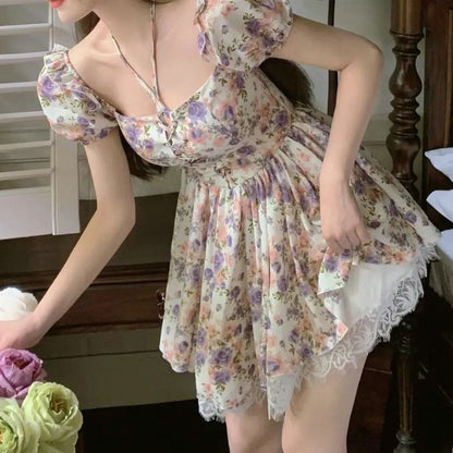 A-Line Dress Mini Lace-Up Puff-Sleeve Trim Lace Floral
