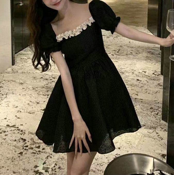 Plain Dress Mini Puff-Sleeve Square A-Line Neck Ruffle