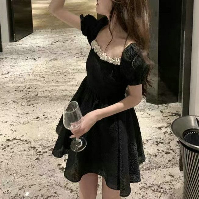 Plain Dress Mini Puff-Sleeve Square A-Line Neck Ruffle