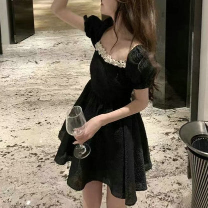 Plain Dress Mini Puff-Sleeve Square A-Line Neck Ruffle