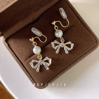 Earring Alloy Pearl Rhinestone Drop Faux Bow