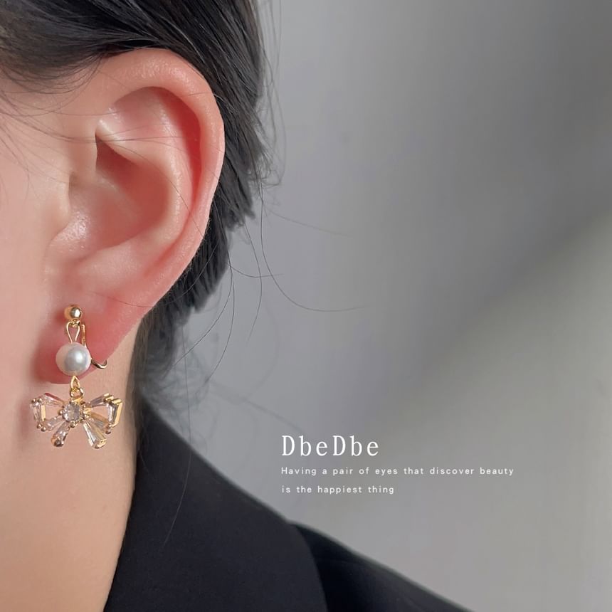 Earring Alloy Pearl Rhinestone Drop Faux Bow
