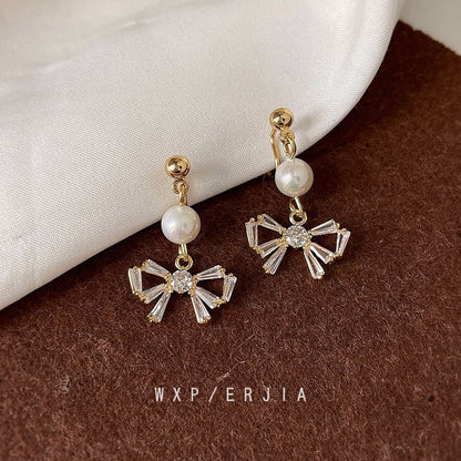 Earring Alloy Pearl Rhinestone Drop Faux Bow