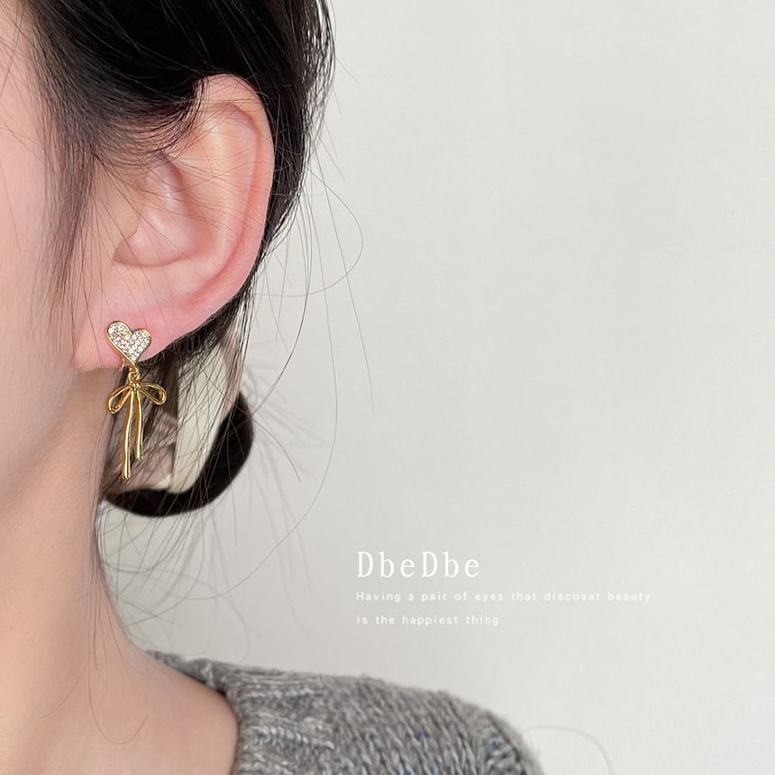 Bow Shell Drop Rhinestone Asymmetrical Alloy Heart Earring