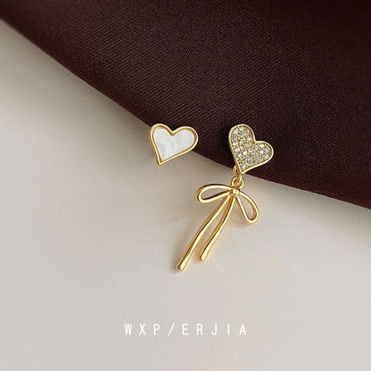 Bow Shell Drop Rhinestone Asymmetrical Alloy Heart Earring