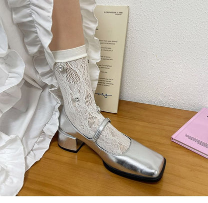 Plain Rhinestone Lace Short Socks