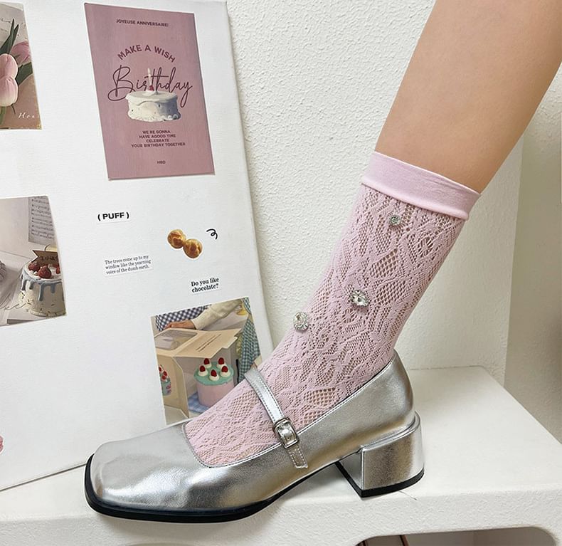 Plain Rhinestone Lace Short Socks