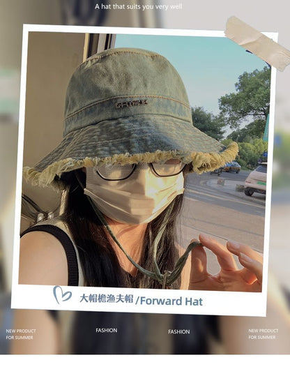 Hat Fringed Denim Bucket Lettering