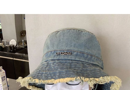 Hat Fringed Denim Bucket Lettering