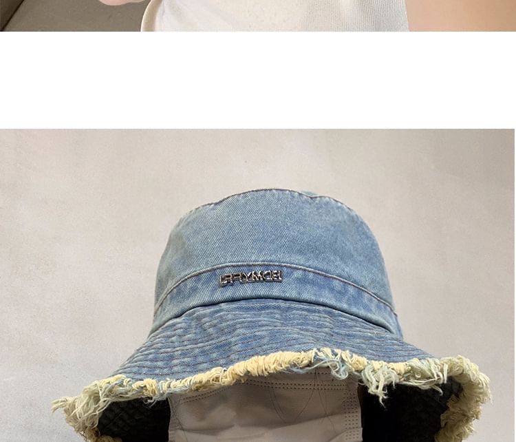 Lettering Fringed Denim Bucket Hat