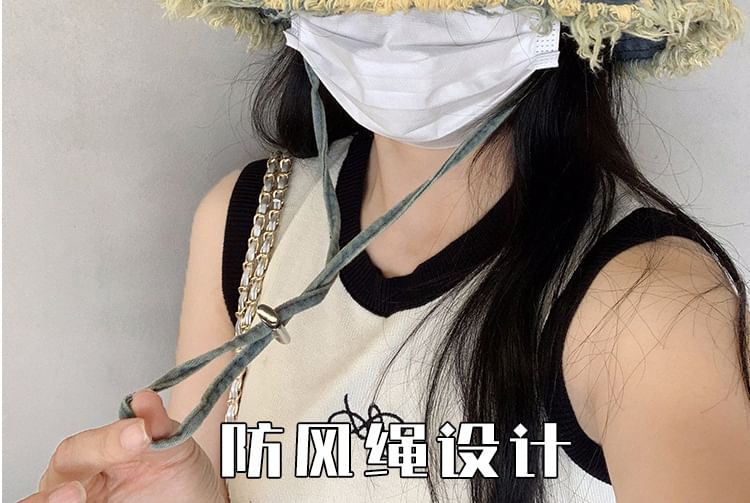 Hat Fringed Denim Bucket Lettering