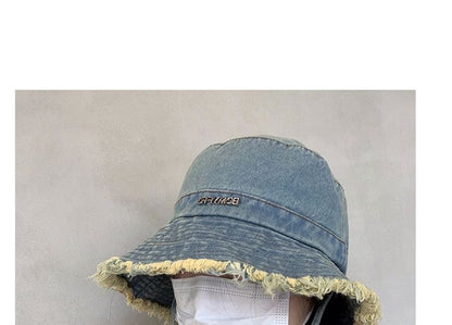 Lettering Fringed Denim Bucket Hat