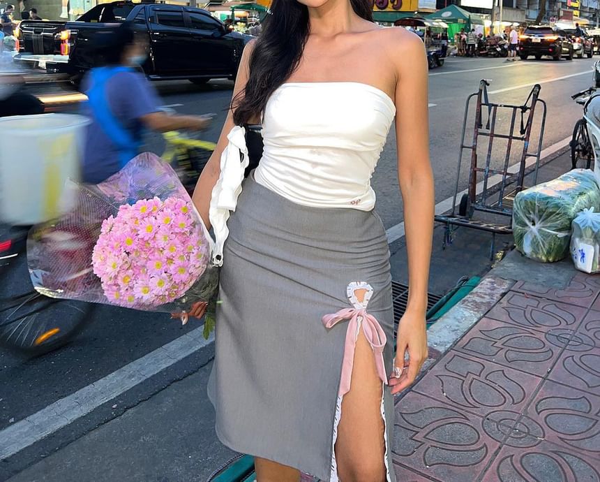 Skirt Plain Lace Trim Rise High Ribbon Pencil Midi