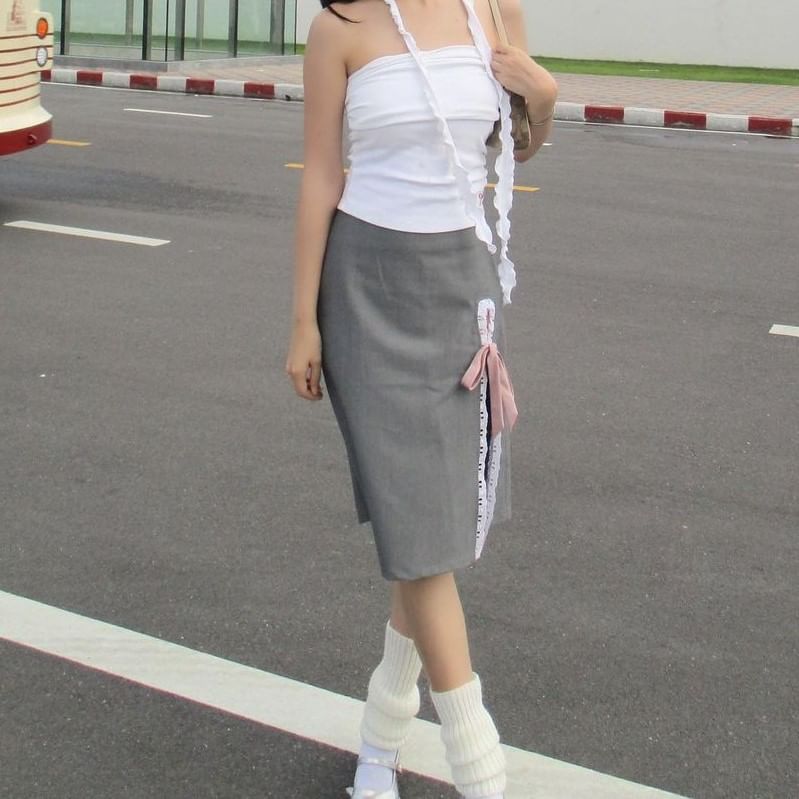 Skirt Plain Lace Trim Rise High Ribbon Pencil Midi