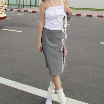 Skirt Plain Lace Trim Rise High Ribbon Pencil Midi