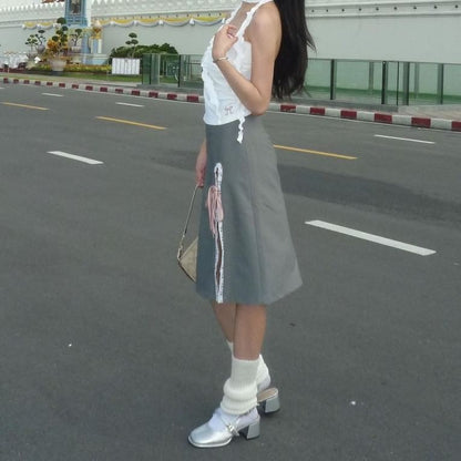 Skirt Plain Lace Trim Rise High Ribbon Pencil Midi