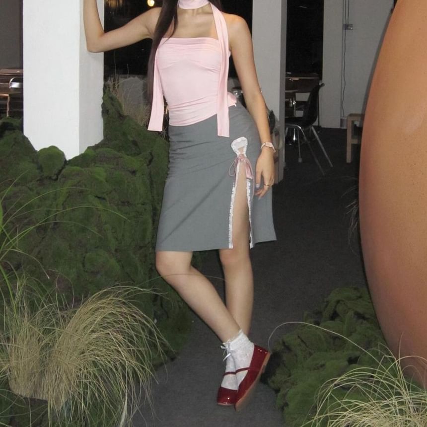 Skirt Plain Lace Trim Rise High Ribbon Pencil Midi