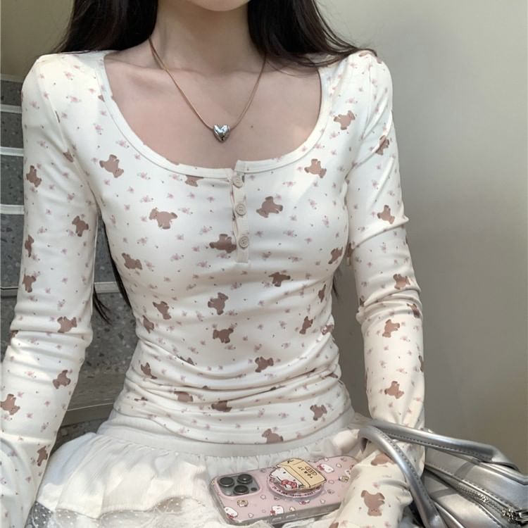 Print T-Shirt Bear Long-Sleeve Henley