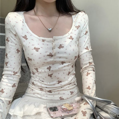 Print T-Shirt Bear Long-Sleeve Henley