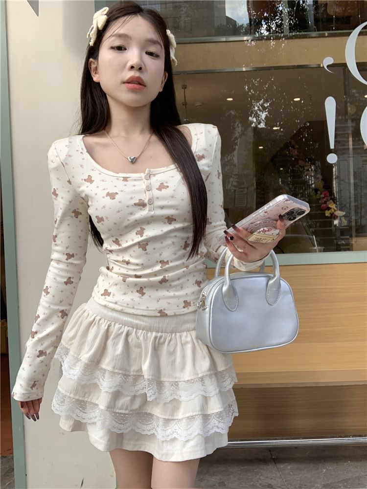 Print T-Shirt Bear Long-Sleeve Henley