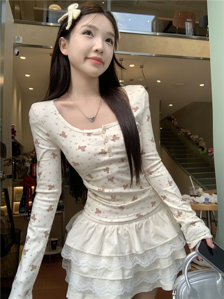 Print T-Shirt Bear Long-Sleeve Henley