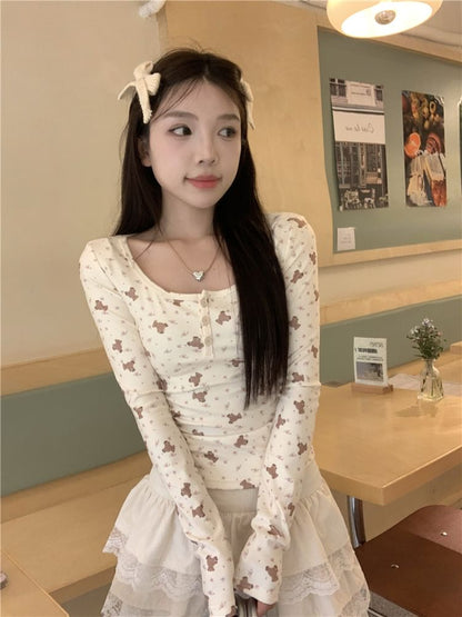 Print T-Shirt Bear Long-Sleeve Henley