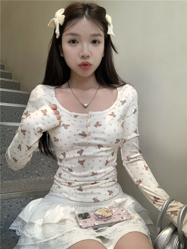 Print T-Shirt Bear Long-Sleeve Henley